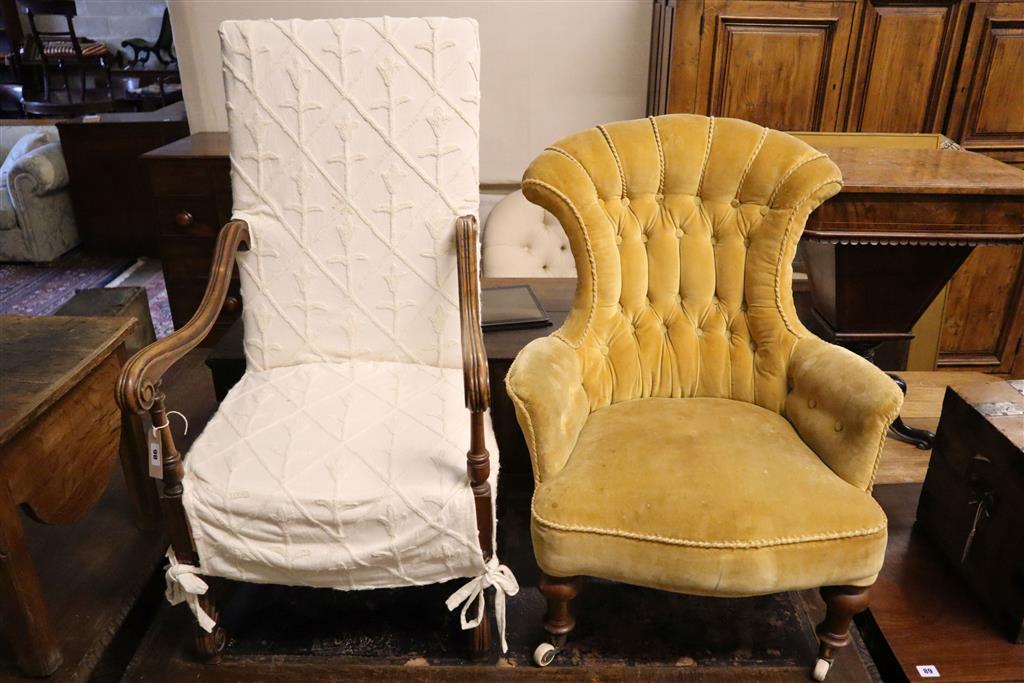 A William and Mary style armchair and a Victorian buttoned back nursing chair (2)